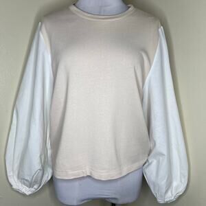 Zara Sweatshirt SMALL Terry Poplin Balloon Sleeve Oversized Colorblock Beige Top
